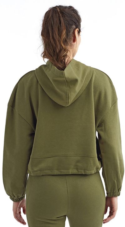 Am image of a Custom TriDri Ladies Maria Cropped Hoodie in OLIVE!
