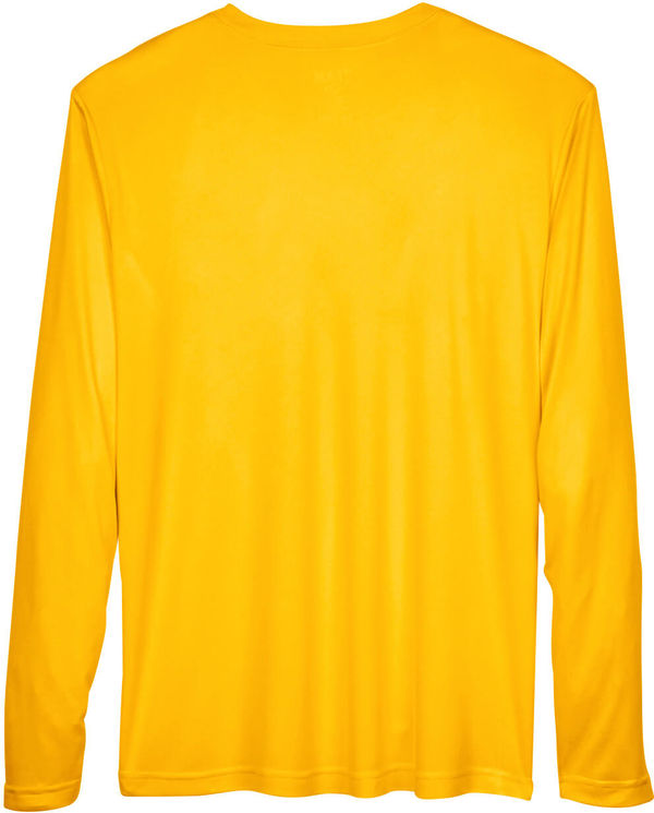 Am image of a Custom Team 365 Men's Zone Performance Long Sleeve T Shirt in Athletic Gold!