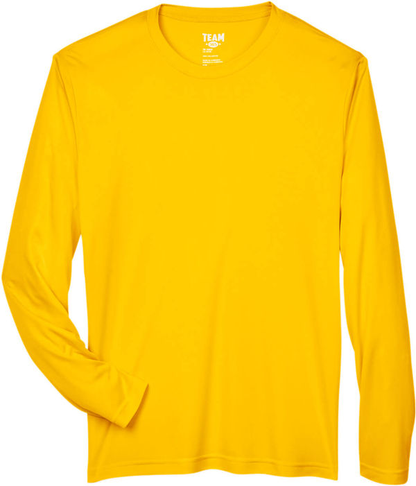 Am image of a Custom Team 365 Men's Zone Performance Long Sleeve T Shirt in Athletic Gold!