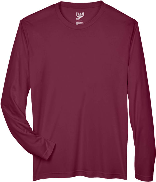 Am image of a Custom Team 365 Men's Zone Performance Long Sleeve T Shirt in Sport Maroon!