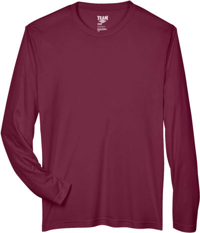 Am image of a Custom Team 365 Men's Zone Performance Long Sleeve T Shirt in Sport Maroon!