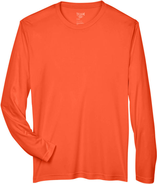 Am image of a Custom Team 365 Men's Zone Performance Long Sleeve T Shirt in Sport Orange!