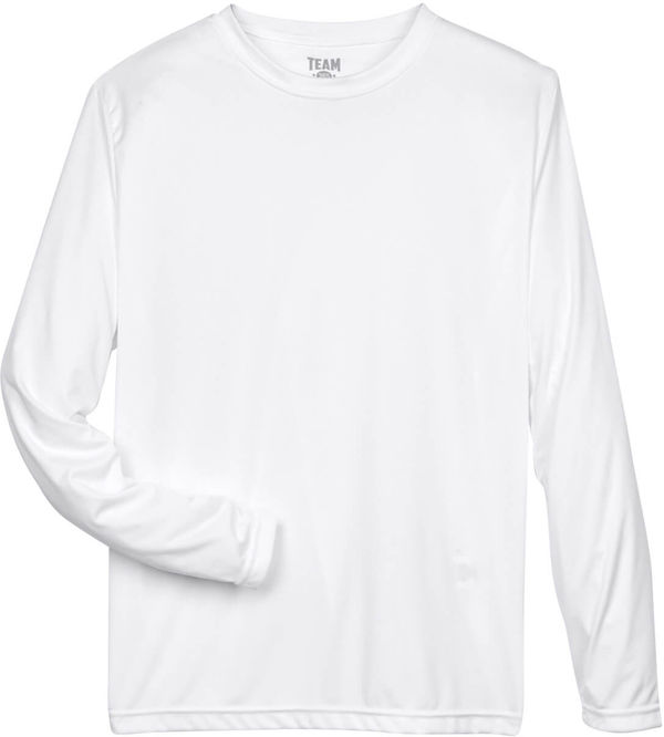 Am image of a Custom Team 365 Men's Zone Performance Long Sleeve T Shirt in White!
