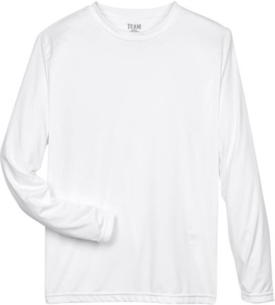 Am image of a Custom Team 365 Men's Zone Performance Long Sleeve T Shirt in White!
