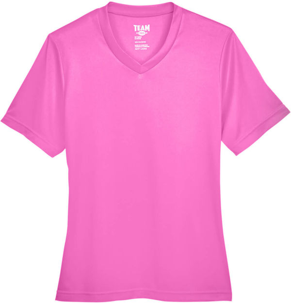 Am image of a Custom Team 365 Ladies' Zone Performance T Shirt in Charity Pink!