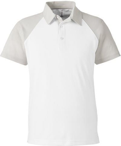 Am image of a Custom Team 365 Men's Command Snag Protection Colorblock Polo in White/SP Silver!