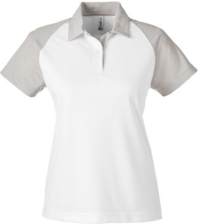 Am image of a Custom Team 365 Ladies' Command Snag Protection Colorblock Polo in White/SP Silver!