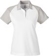 Am image of a Custom Team 365 Ladies' Command Snag Protection Colorblock Polo in White/SP Silver!