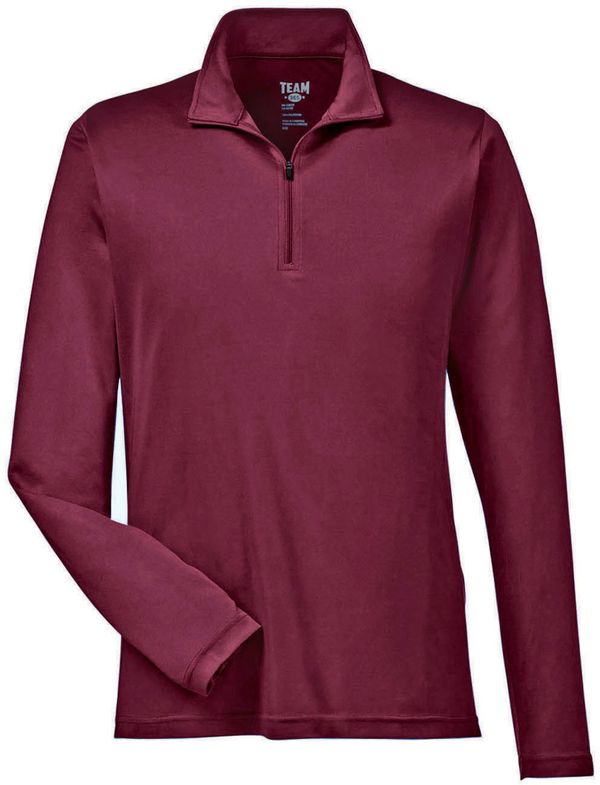 Am image of a Custom Team 365 Men's Zone Performance Quarter Zip in Sport Maroon!