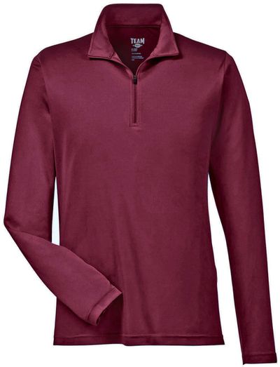 Am image of a Custom Team 365 Men's Zone Performance Quarter Zip in Sport Maroon!
