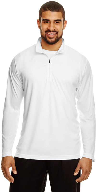 Am image of a Custom Team 365 Men's Zone Performance Quarter Zip in White!