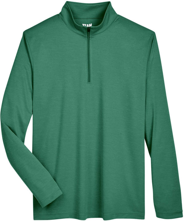 Am image of a Custom Team 365 Men's Zone Sonic Heather Performance Quarter Zip in Forest Heather!