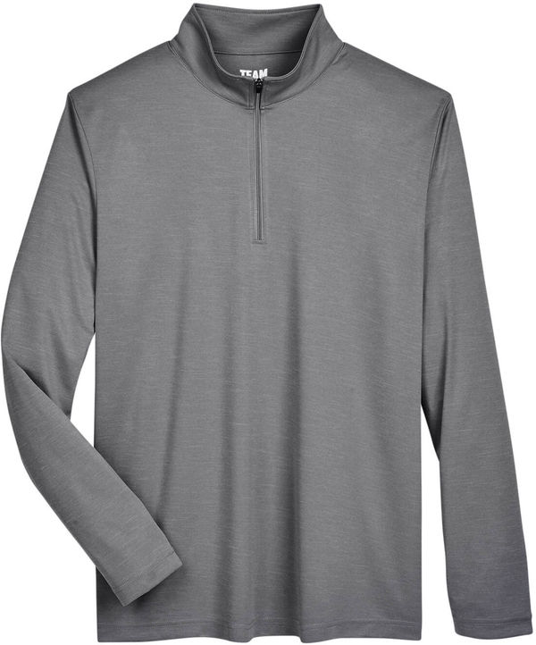 Am image of a Custom Team 365 Men's Zone Sonic Heather Performance Quarter Zip in Dark Grey Heather!