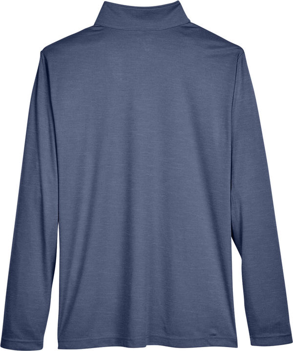 Am image of a Custom Team 365 Men's Zone Sonic Heather Performance Quarter Zip in Dark Navy Heather!