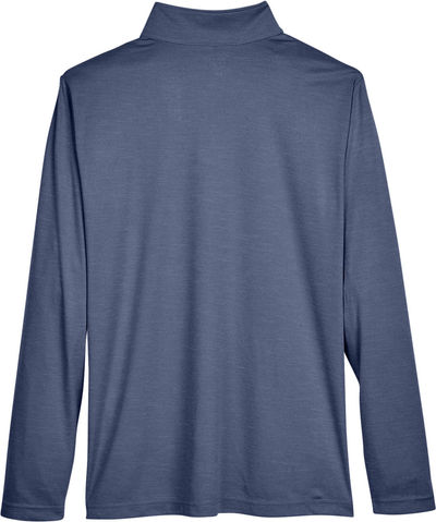 Am image of a Custom Team 365 Men's Zone Sonic Heather Performance Quarter Zip in Dark Navy Heather!