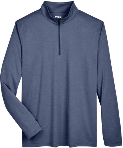 Am image of a Custom Team 365 Men's Zone Sonic Heather Performance Quarter Zip in Dark Navy Heather!