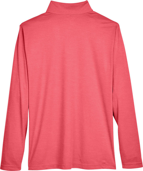 Am image of a Custom Team 365 Men's Zone Sonic Heather Performance Quarter Zip in Red Heather!