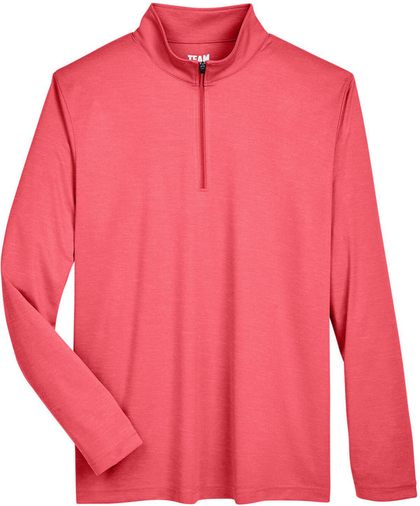 Am image of a Custom Team 365 Men's Zone Sonic Heather Performance Quarter Zip in Red Heather!