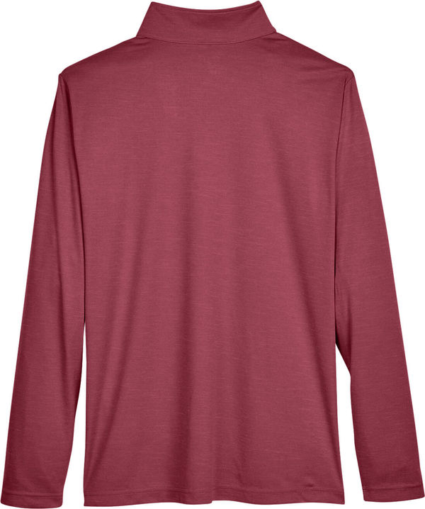 Am image of a Custom Team 365 Men's Zone Sonic Heather Performance Quarter Zip in Maroon Heather!