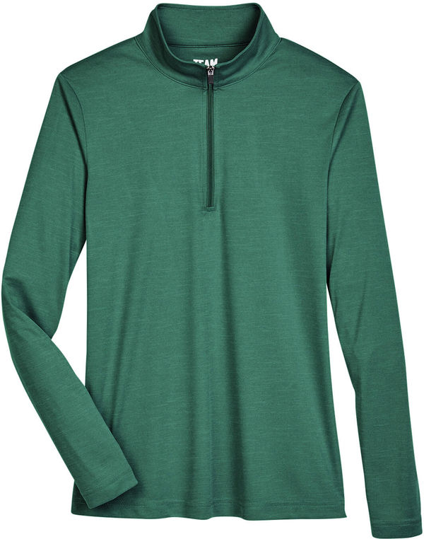 Am image of a Custom Team 365 Ladies' Zone Sonic Heather Performance Quarter Zip in Forest Heather!