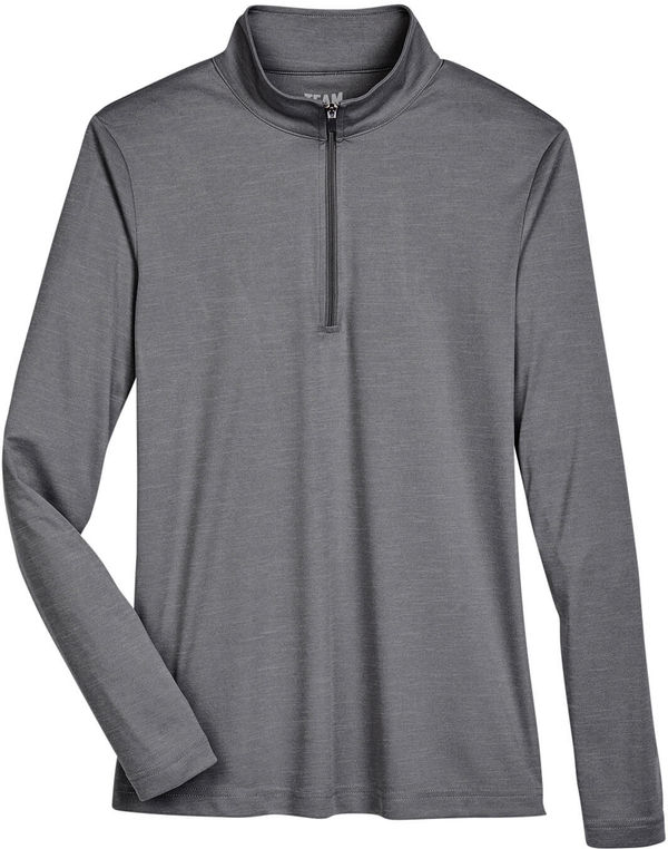 Am image of a Custom Team 365 Ladies' Zone Sonic Heather Performance Quarter Zip in Dark Grey Heather!
