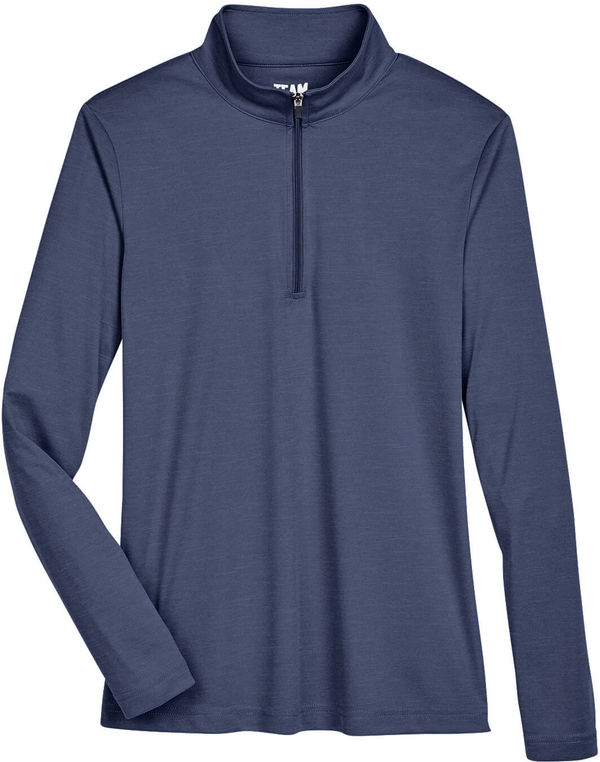 Am image of a Custom Team 365 Ladies' Zone Sonic Heather Performance Quarter Zip in Dark Navy Heather!