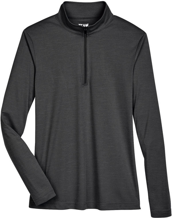 Am image of a Custom Team 365 Ladies' Zone Sonic Heather Performance Quarter Zip in Black Heather!