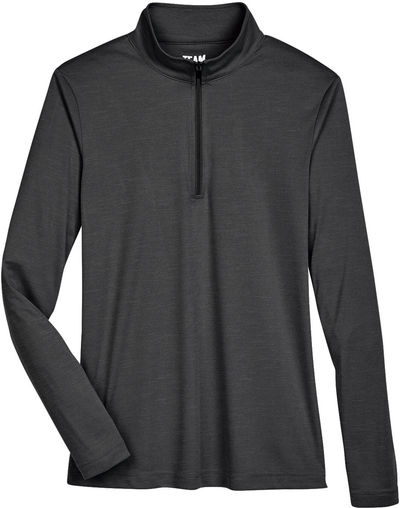 Am image of a Custom Team 365 Ladies' Zone Sonic Heather Performance Quarter Zip in Black Heather!