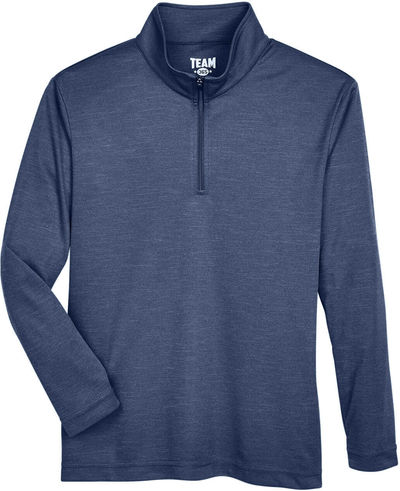 Am image of a Custom Team 365 Youth Zone Sonic Heather Performance Quarter Zip in Dark Navy Heather!