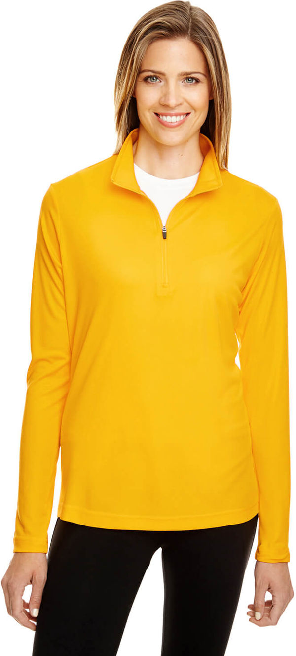Am image of a Custom Team 365 Ladies' Zone Performance Quarter Zip in Athletic Gold!
