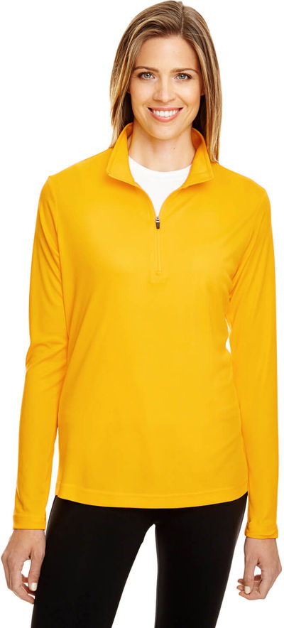 Am image of a Custom Team 365 Ladies' Zone Performance Quarter Zip in Athletic Gold!