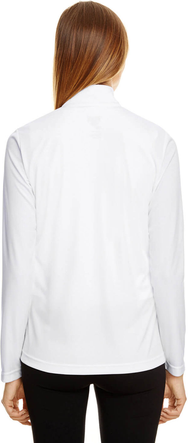 Am image of a Custom Team 365 Ladies' Zone Performance Quarter Zip in White!