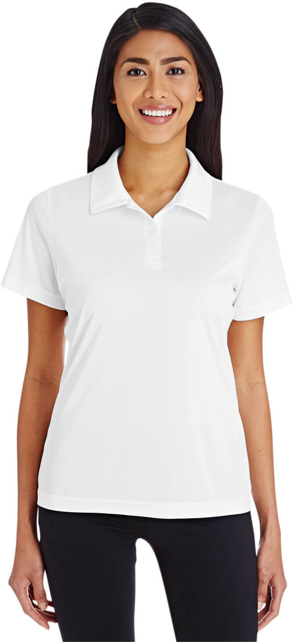 Am image of a Custom Team 365 Ladies' Zone Performance Polo in White!