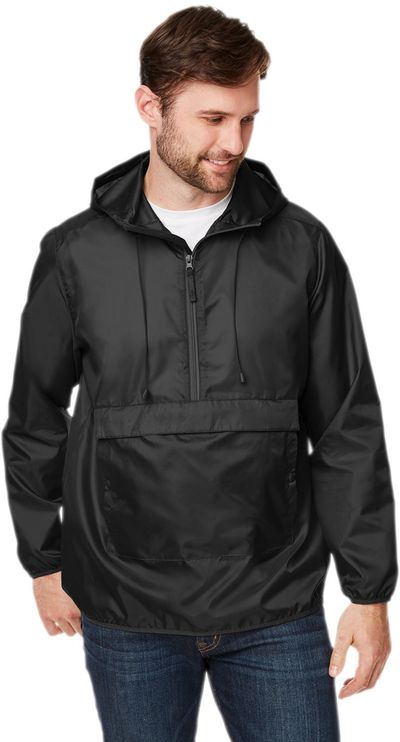 Am image of a Custom Team 365 Adult Zone Protect Packable Anorak Jacket in BLACK!