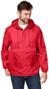 Am image of a Custom Team 365 Adult Zone Protect Packable Anorak Jacket in SPORT RED!