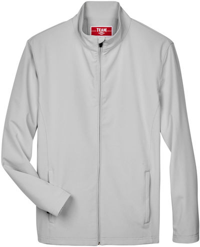 Am image of a Custom Team 365 Leader Soft Shell Jacket in Sport Silver!