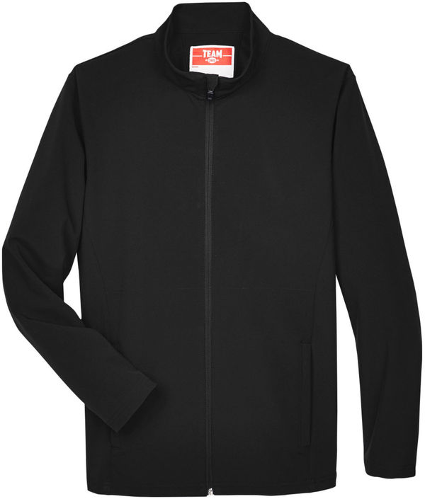 Am image of a Custom Team 365 Leader Soft Shell Jacket in Black!