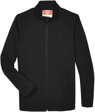 Am image of a Custom Team 365 Leader Soft Shell Jacket in Black!
