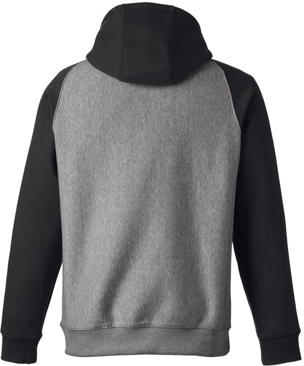 Am image of a Custom Team 365 Unisex Zone HydroSport™ Heavyweight Colorblock Hooded Sweatshirt in Dark Grey Heather/ Black!