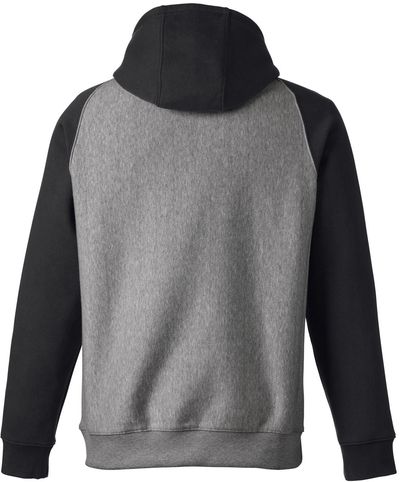 Am image of a Custom Team 365 Unisex Zone HydroSport™ Heavyweight Colorblock Hooded Sweatshirt in Dark Grey Heather/ Black!