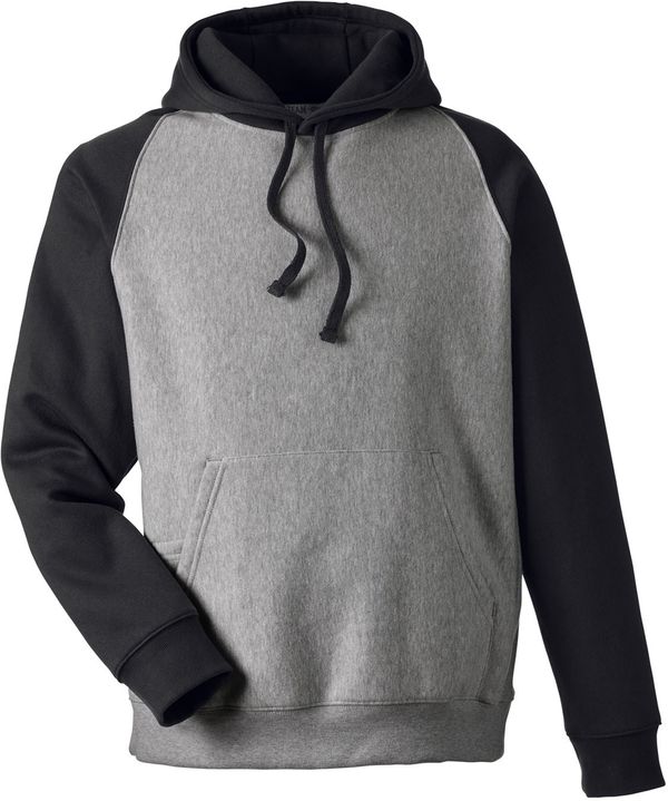 Am image of a Custom Team 365 Unisex Zone HydroSport™ Heavyweight Colorblock Hooded Sweatshirt in Dark Grey Heather/ Black!