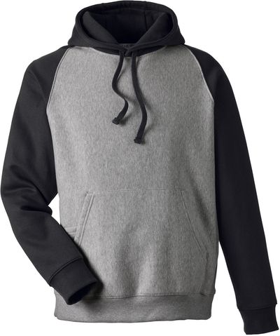 Am image of a Custom Team 365 Unisex Zone HydroSport™ Heavyweight Colorblock Hooded Sweatshirt in Dark Grey Heather/ Black!