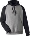 Am image of a Custom Team 365 Unisex Zone HydroSport™ Heavyweight Colorblock Hooded Sweatshirt in Dark Grey Heather/ Black!