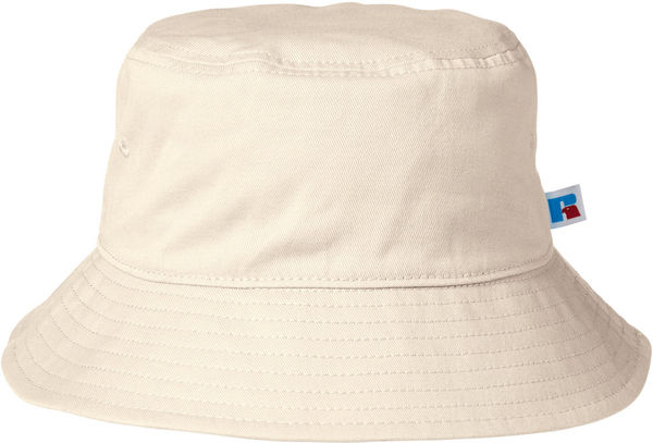 Am image of a Custom Russell Athletic Core Bucket Hat in Off White!