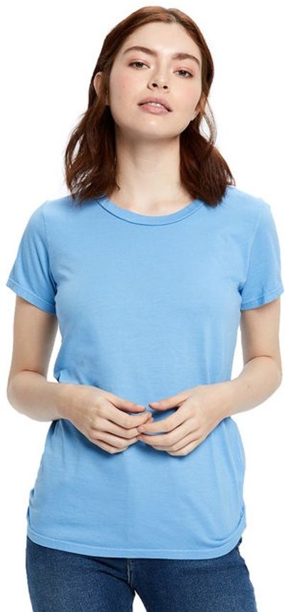 Am image of a Custom US Blanks Ladies Made in USA Short Sleeve Crew TShirt in Big Blue!