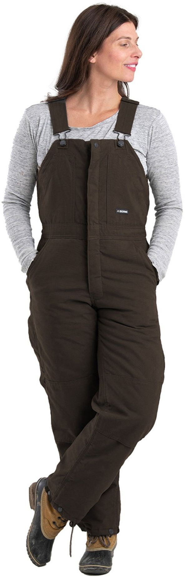 Am image of a Custom Berne Ladies Softstone Duck Insulated Bib Overall in Dark Brown!