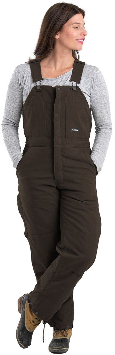 Am image of a Custom Berne Ladies Softstone Duck Insulated Bib Overall in Dark Brown!