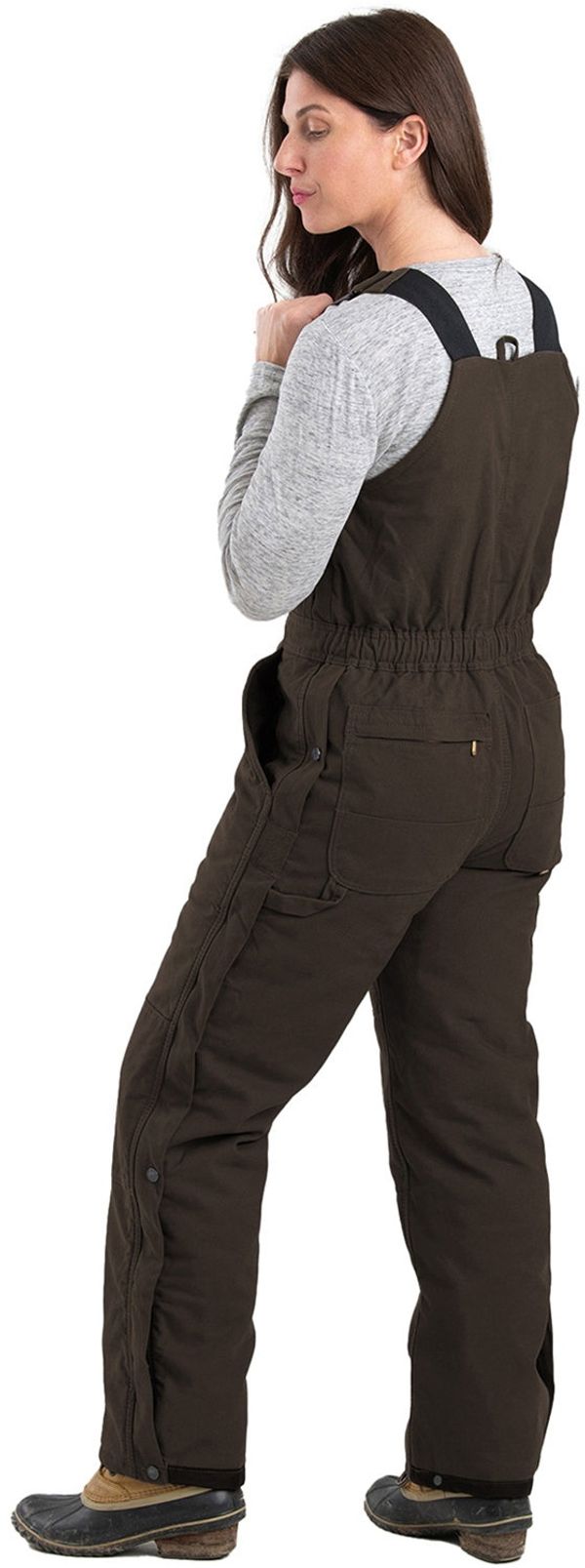 Am image of a Custom Berne Ladies Softstone Duck Insulated Bib Overall in Dark Brown!