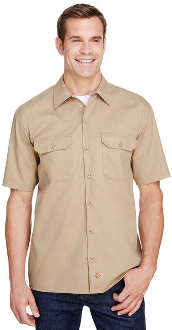 Am image of a Custom Dickies Mens FLEX Short Sleeve Twill Work Shirt in Desert Sand!