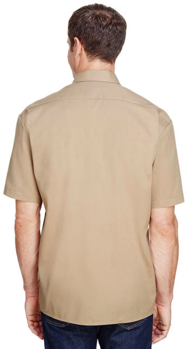 Am image of a Custom Dickies Mens FLEX Short Sleeve Twill Work Shirt in Desert Sand!